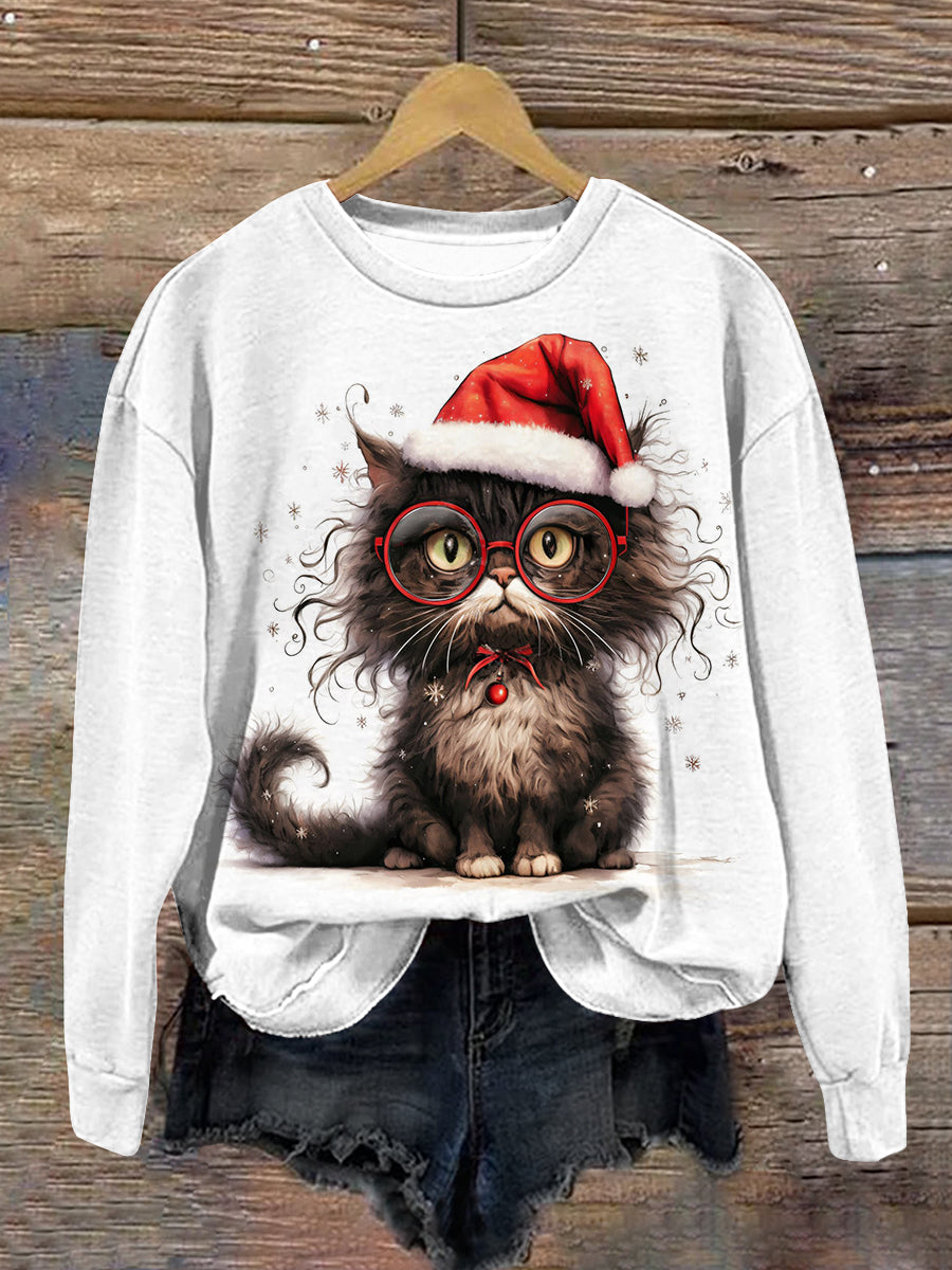 Cat Print Unisex Crew Neck Long Sleeve Casual Sweatshirt