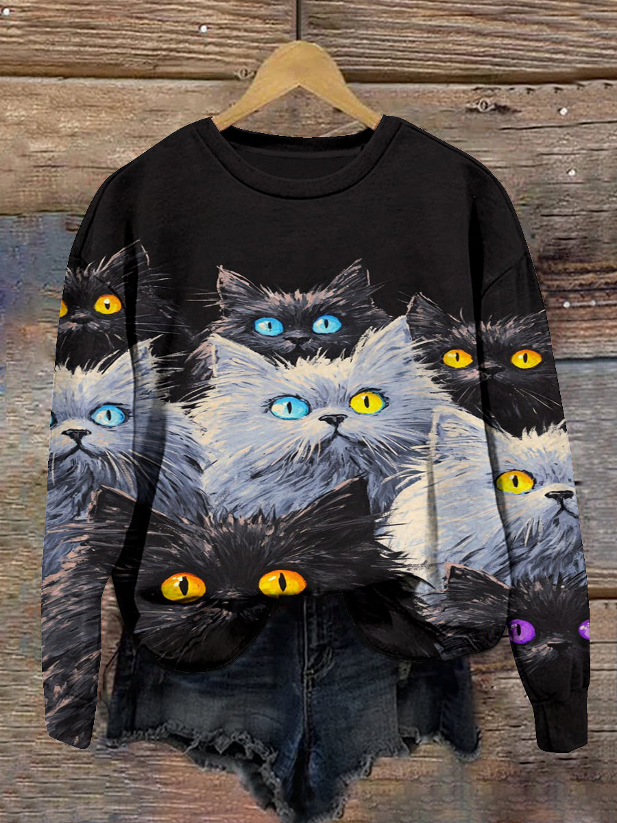 Cat Print Unisex Crew Neck Long Sleeve Casual Sweatshirt