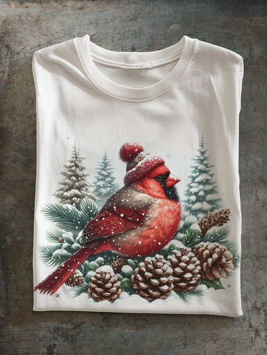 Christmas Red Tit Print Unisex Crew Neck Short Sleeve Casual T-Shirt