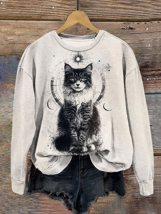 Cat Print Unisex Crew Neck Long Sleeve Casual Sweatshirt