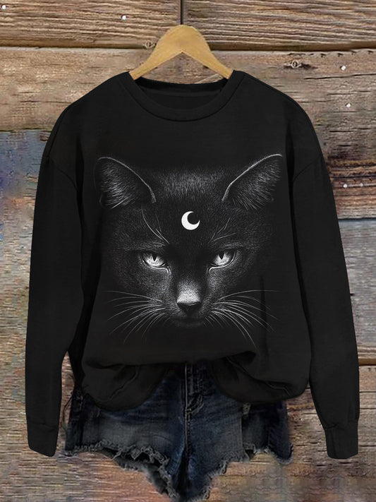 Cat Print Unisex Crew Neck Long Sleeve Casual Sweatshirt