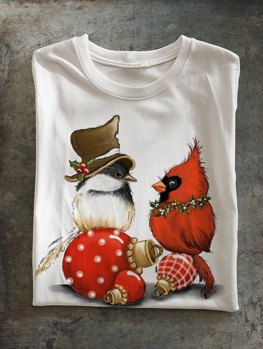 Christmas Red Tit Print Unisex Crew Neck Short Sleeve Casual T-Shirt