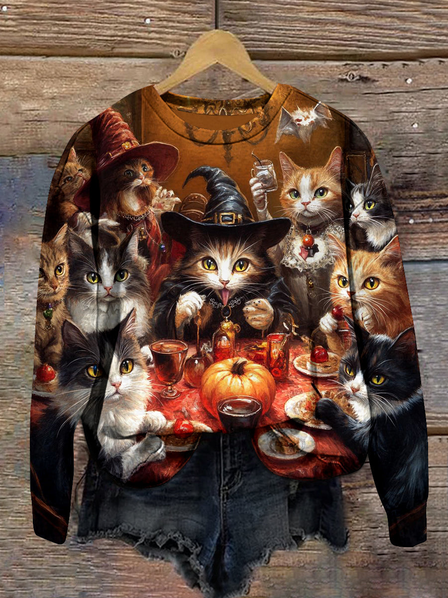 Cat Print Unisex Crew Neck Long Sleeve Casual Sweatshirt