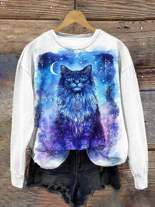 Cat Print Unisex Crew Neck Long Sleeve Casual Sweatshirt