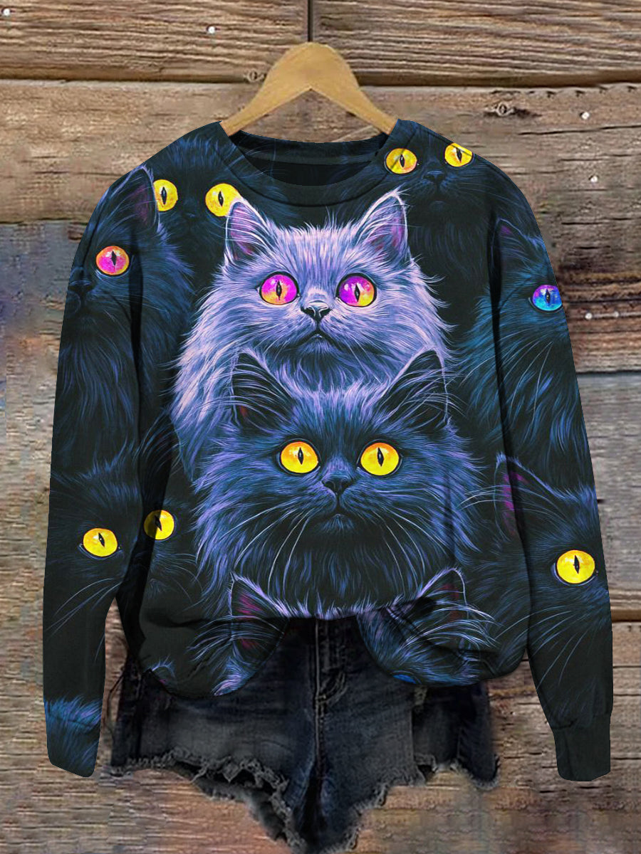 Cat Print Unisex Crew Neck Long Sleeve Casual Sweatshirt