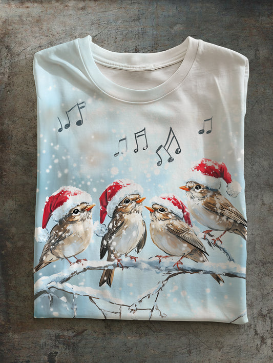 Christmas Red Tit Print Unisex Crew Neck Short Sleeve Casual T-Shirt