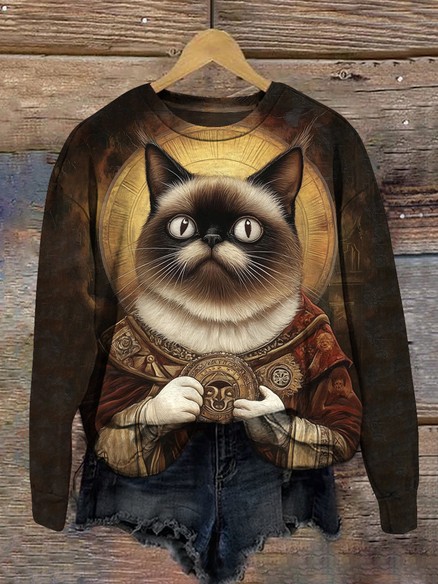 Cat Print Unisex Crew Neck Long Sleeve Casual Sweatshirt