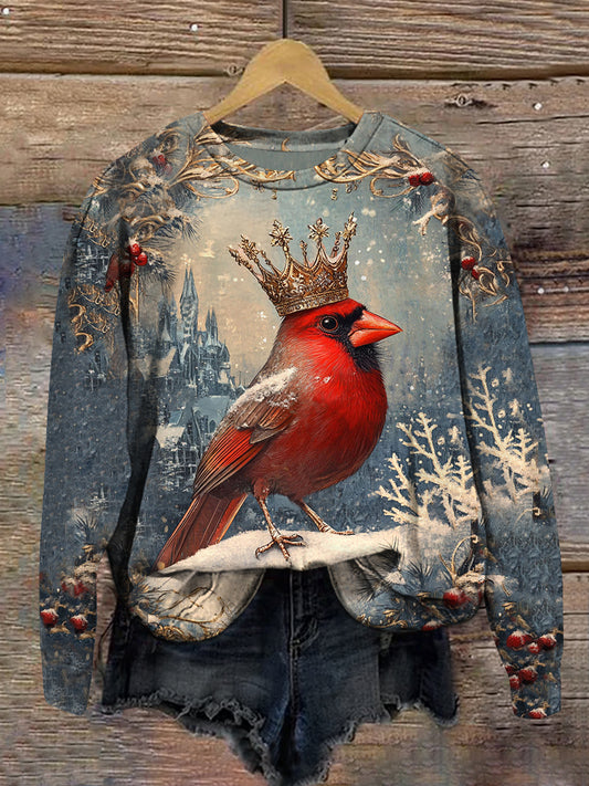 Christmas Red Chickadee Print Unisex Crew Neck Long Sleeve Casual Sweatshirt