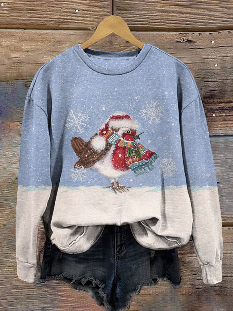 Christmas Red Chickadee Print Unisex Crew Neck Long Sleeve Casual Sweatshirt