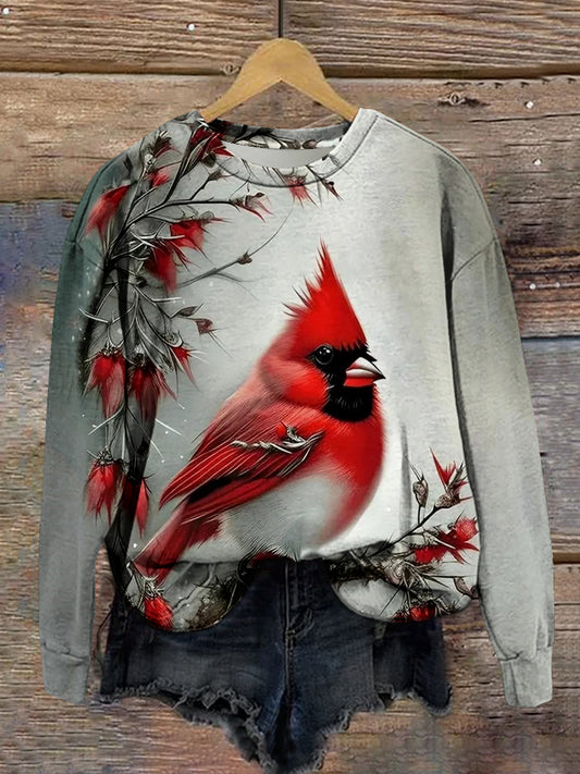 Christmas Red Chickadee Print Unisex Crew Neck Long Sleeve Casual Sweatshirt