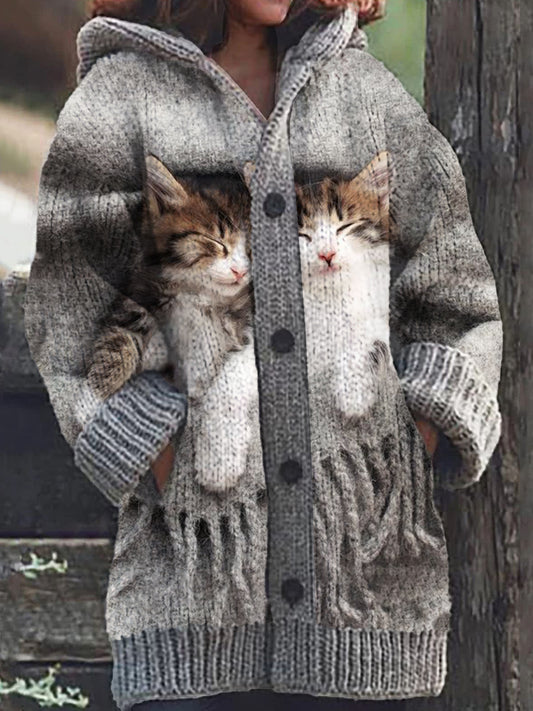 Women's Two Cats Casual Warm Button Hooded Cardigan