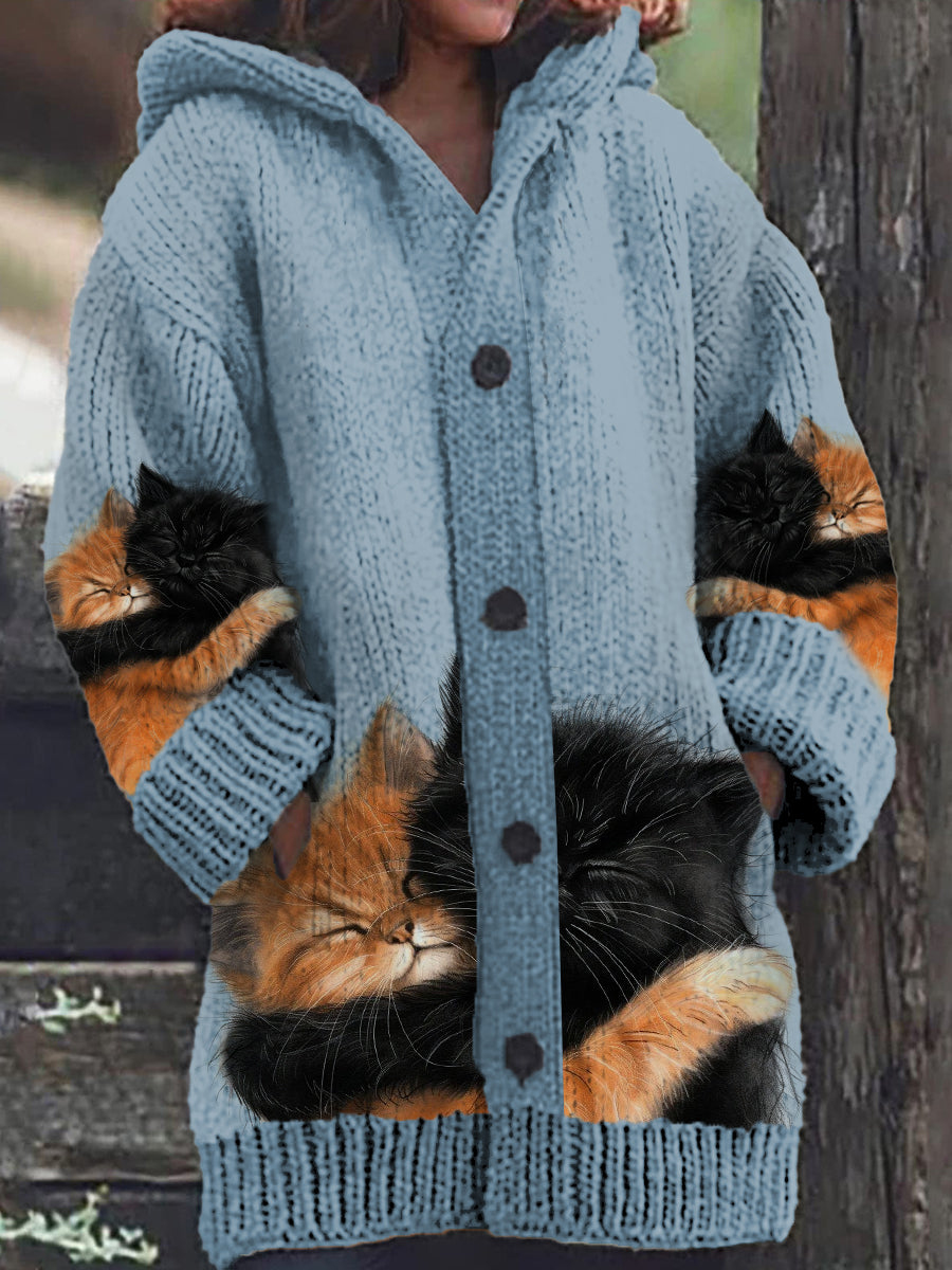 Women's Two Cats Casual Warm Button Hooded Cardigan