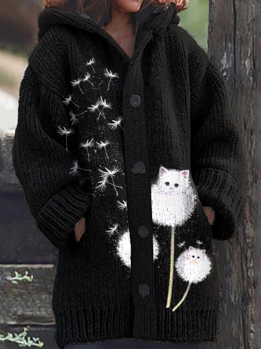 Women's Cat Dandelion Pattern Casual Warm Button Up Hooded Cardigan