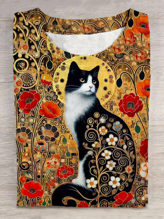 Unisex Retro Floral Cat Pattern Casual Round Neck Short Sleeve T-shirt