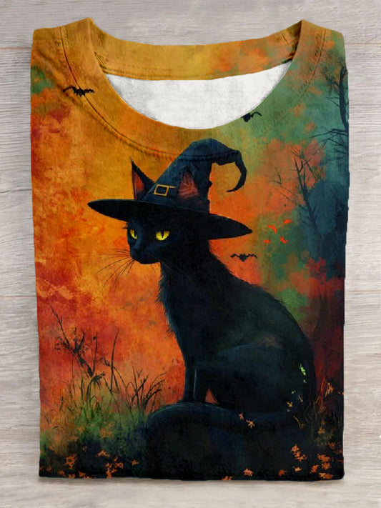 Unisex Black Cat Witch Hat Pattern Casual Round Neck Short Sleeve T-shirt