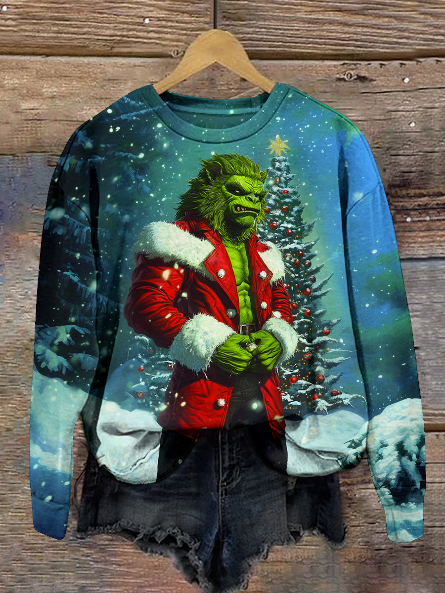 Christmas Green Monster Print Unisex Crew Neck Long Sleeve Sweatshirt