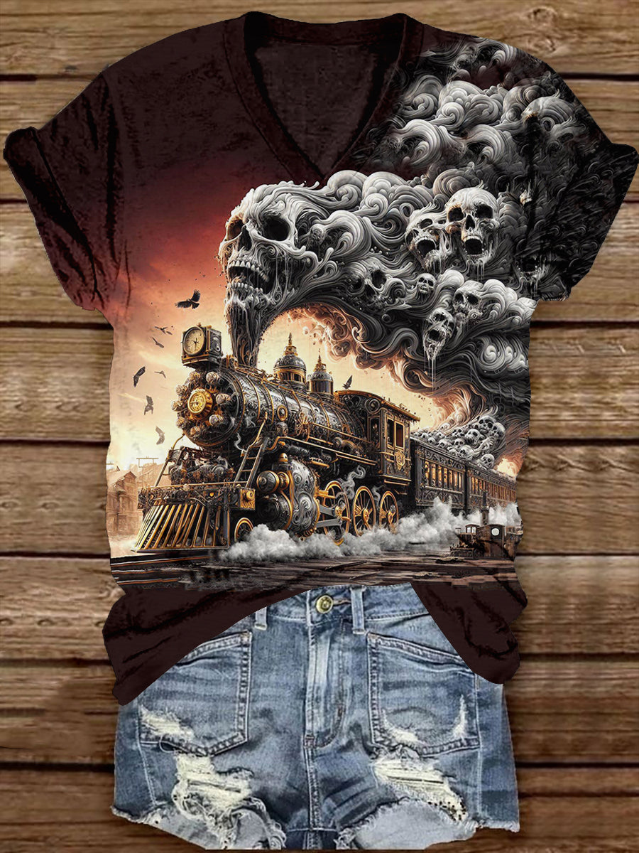 Ghost Steam Train Art Print Unisex V-Neck Short Sleeve Casual T-Shirt