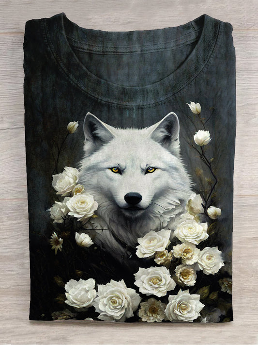 White Wolf King Print Unisex Round Neck Short Sleeve Casual T-shirt