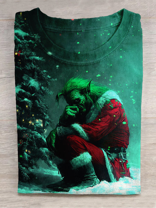 Christmas Green Monster Print Unisex Round Neck Short Sleeve Casual T-Shirt