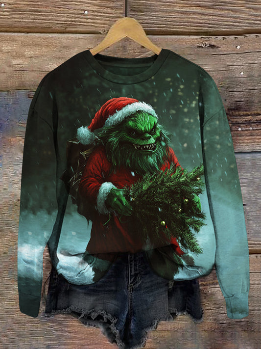 Christmas Green Monster Print Unisex Crew Neck Long Sleeve Sweatshirt