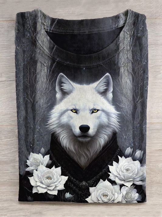 White Wolf King Print Unisex Round Neck Short Sleeve Casual T-shirt