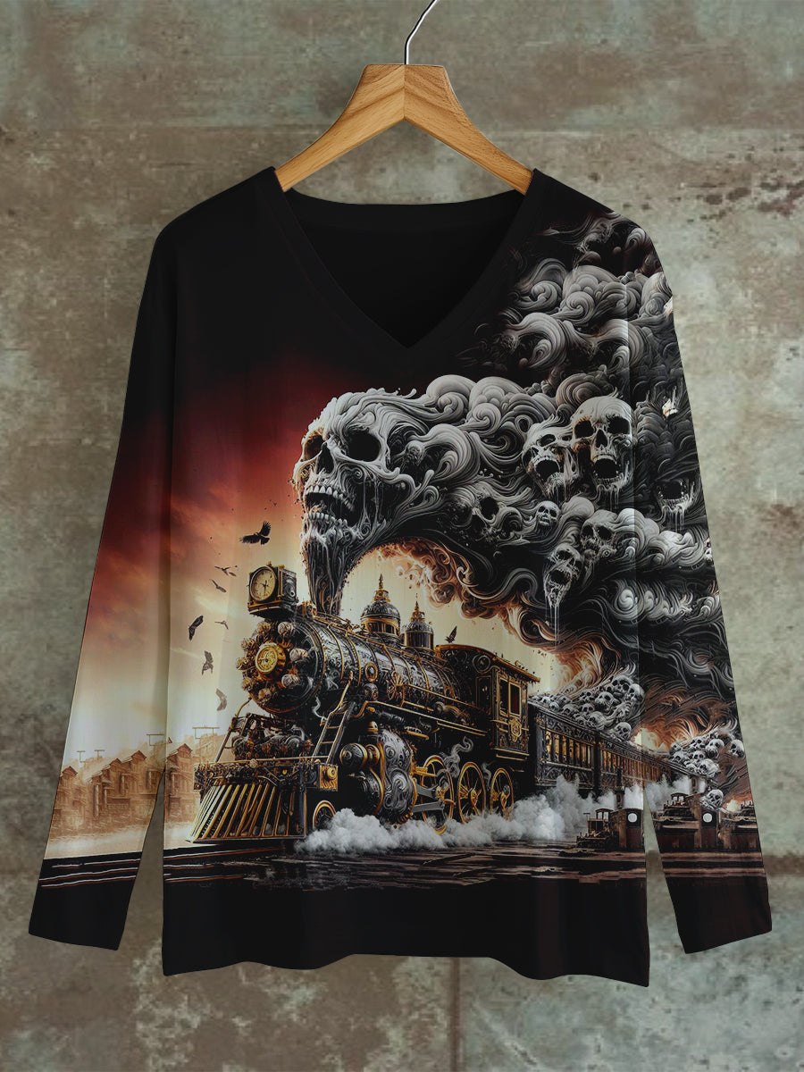 Ghost Steam Train Art Print Unisex V-Neck Long Sleeve Casual T-Shirt