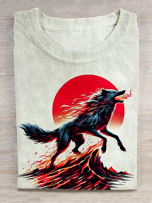 Flame Angry Wolf Art Print Unisex Round Neck Short Sleeve Casual T-shirt