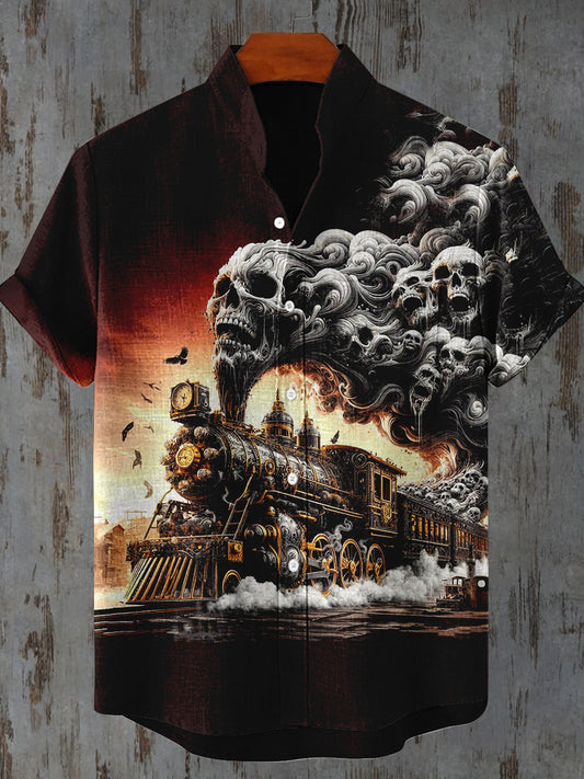 Ghost Steam Train Printed Stand Collar Short Sleeve Casual Men's Shirt