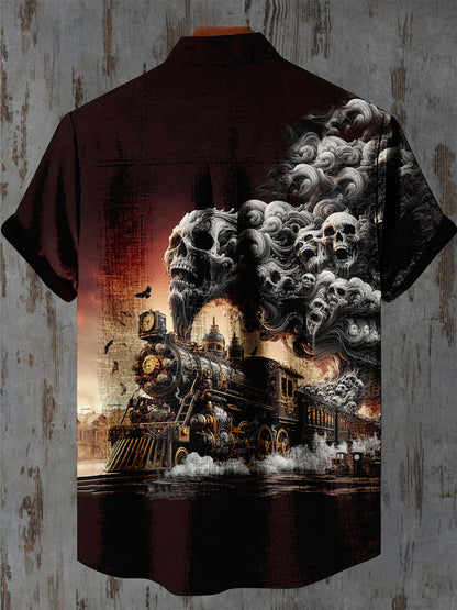 Ghost Steam Train Printed Stand Collar Short Sleeve Casual Men's Shirt