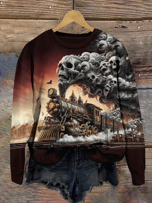 Ghost Steam Train Art Print Unisex Crew Neck Long Sleeve Casual Sweatshirt