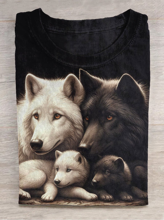 Wolf Family Print Unisex Round Neck Short Sleeve Casual T-Shirt