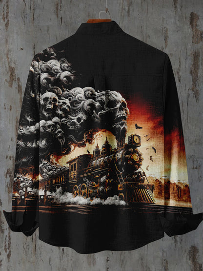 Ghost Steam Train Graphic Print Stand Collar Long Sleeve Casual Men's Shirt