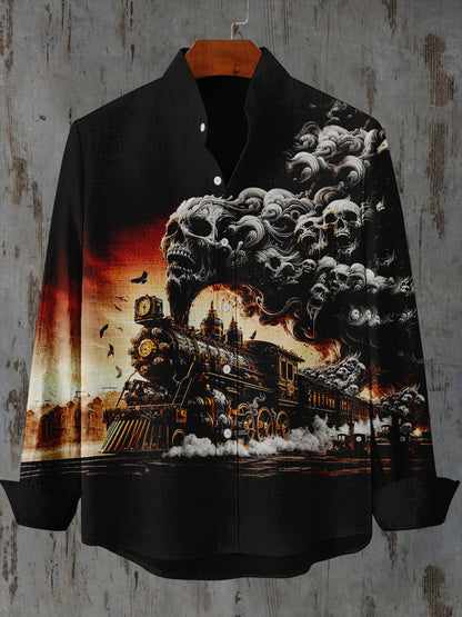 Ghost Steam Train Graphic Print Stand Collar Long Sleeve Casual Men's Shirt