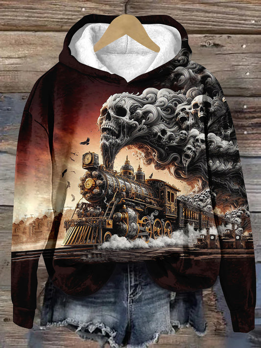 Ghost Steam Train Art Print Unisex Long Sleeve Casual Hooded Sweatshirt