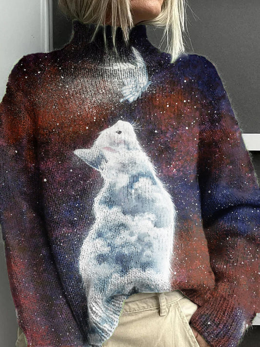 Women's Starry Sky Cat Pattern Casual Turtleneck Long-Sleeved Sweater