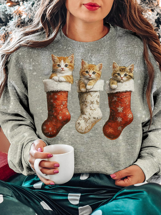 Women's Socks Cat Pattern Casual Round Neck Long Sleeve Sweatshirt