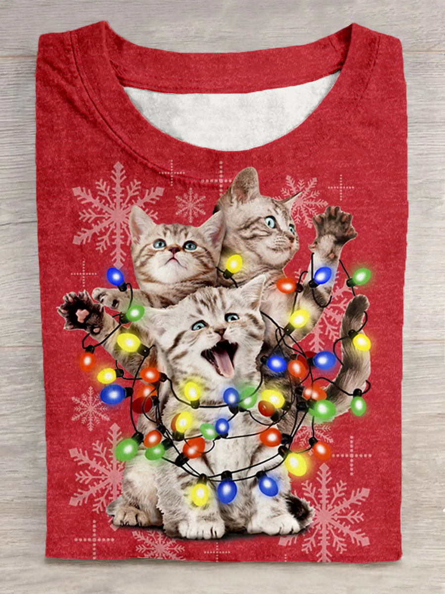 Women's Christmas Lights Cat Pattern Casual Round Neck Short Sleeve T-shirt