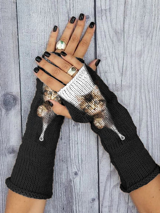 Women's Cat Zip Pattern Printed Knitted Gloves