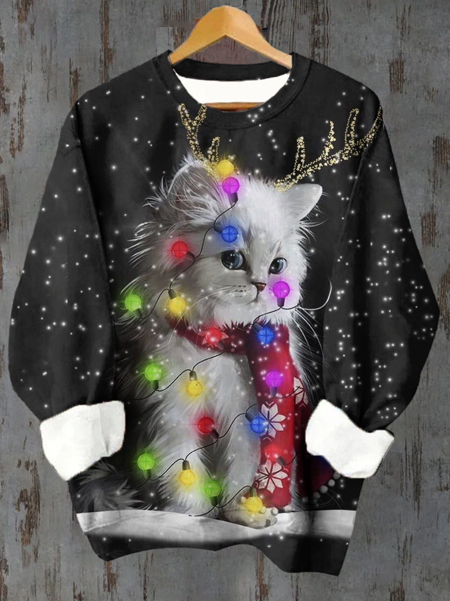 Women's Christmas Lights Cat Pattern Casual Round Neck Long Sleeve Sweatshirt