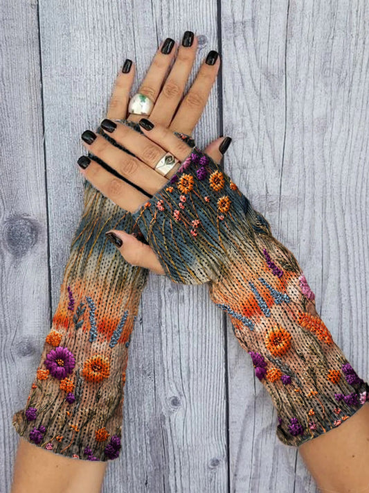 Women's Vintage Ethnic Floral Print Knitted Gloves