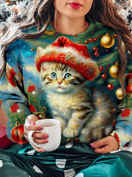 Women's Christmas Cat Pattern Casual Round Neck Long Sleeve Sweatshirt