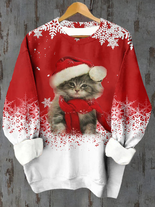 Women's Christmas Cat Snowflake Pattern Casual Round Neck Long Sleeve Sweatshirt