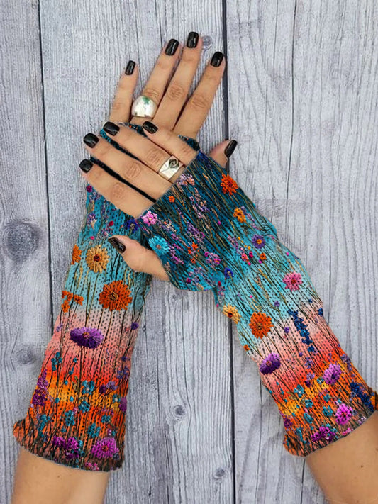 Women's Vintage Ethnic Floral Print Knitted Gloves