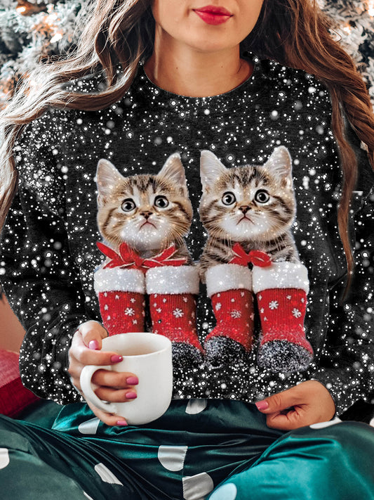 Women's Christmas Socks Cat Pattern Casual Round Neck Long Sleeve Sweatshirt