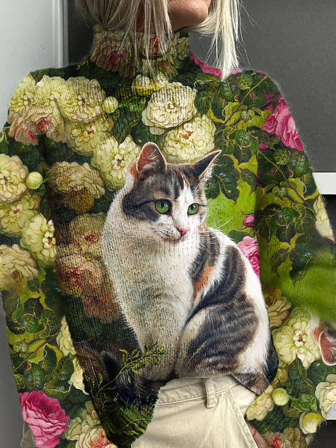 Women's Retro Floral Cat Pattern Casual Turtle Neck Long Sleeve Sweater