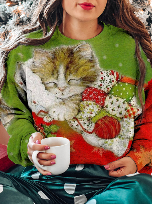 Women's Cute Cat Pattern Casual Round Neck Long Sleeve Sweatshirt