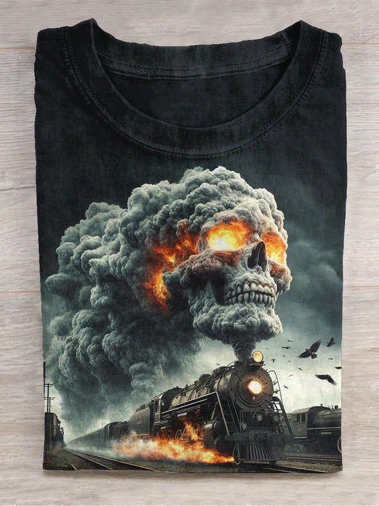 Horror Ghost Steam Train Art Print Unisex Round Neck Short Sleeve Casual T-Shirt