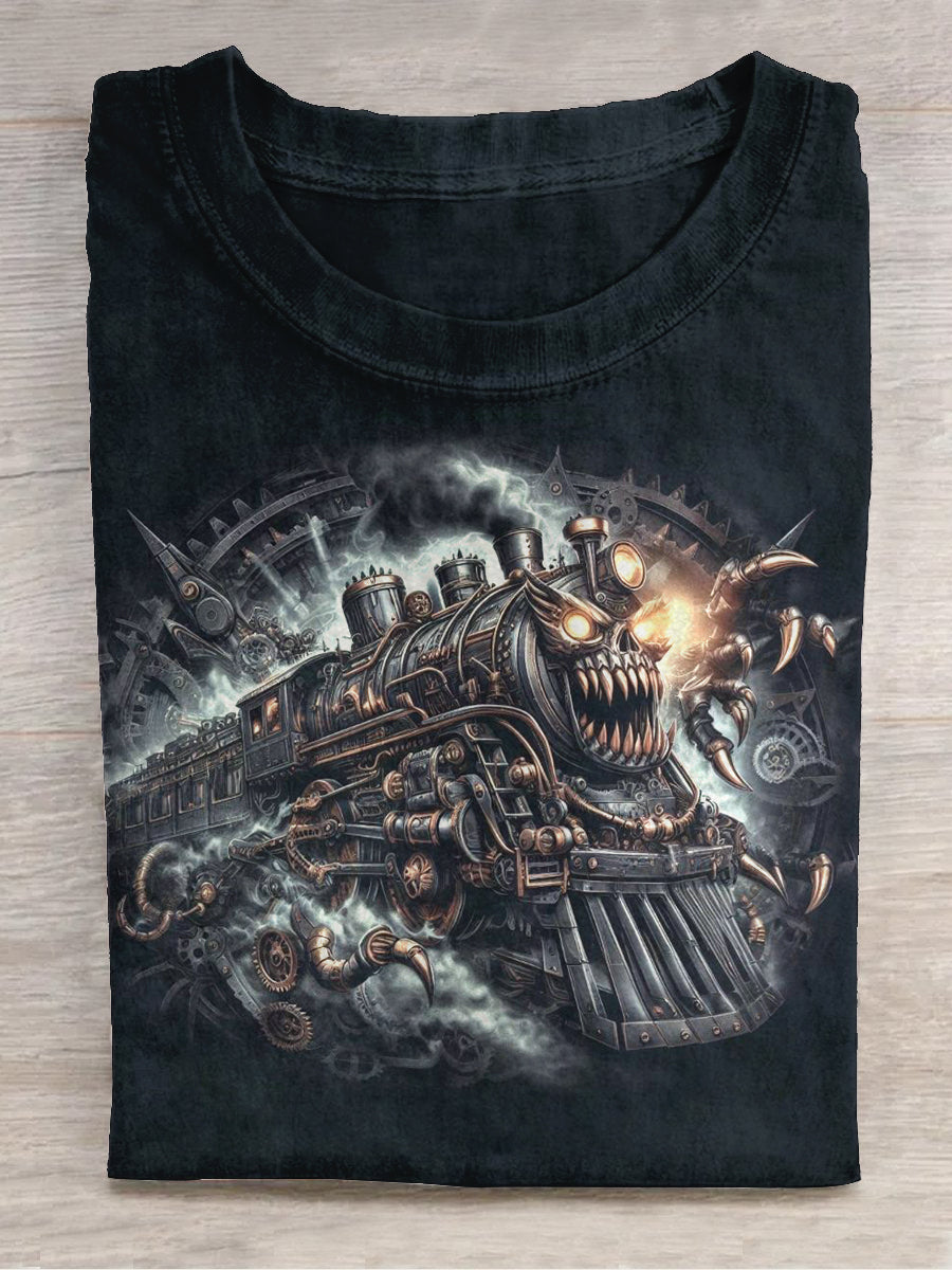 Horror Ghost Steam Train Art Print Unisex Round Neck Short Sleeve Casual T-Shirt