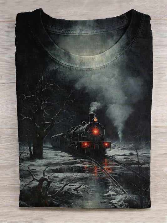 Horror Ghost Steam Train Art Print Unisex Round Neck Short Sleeve Casual T-Shirt