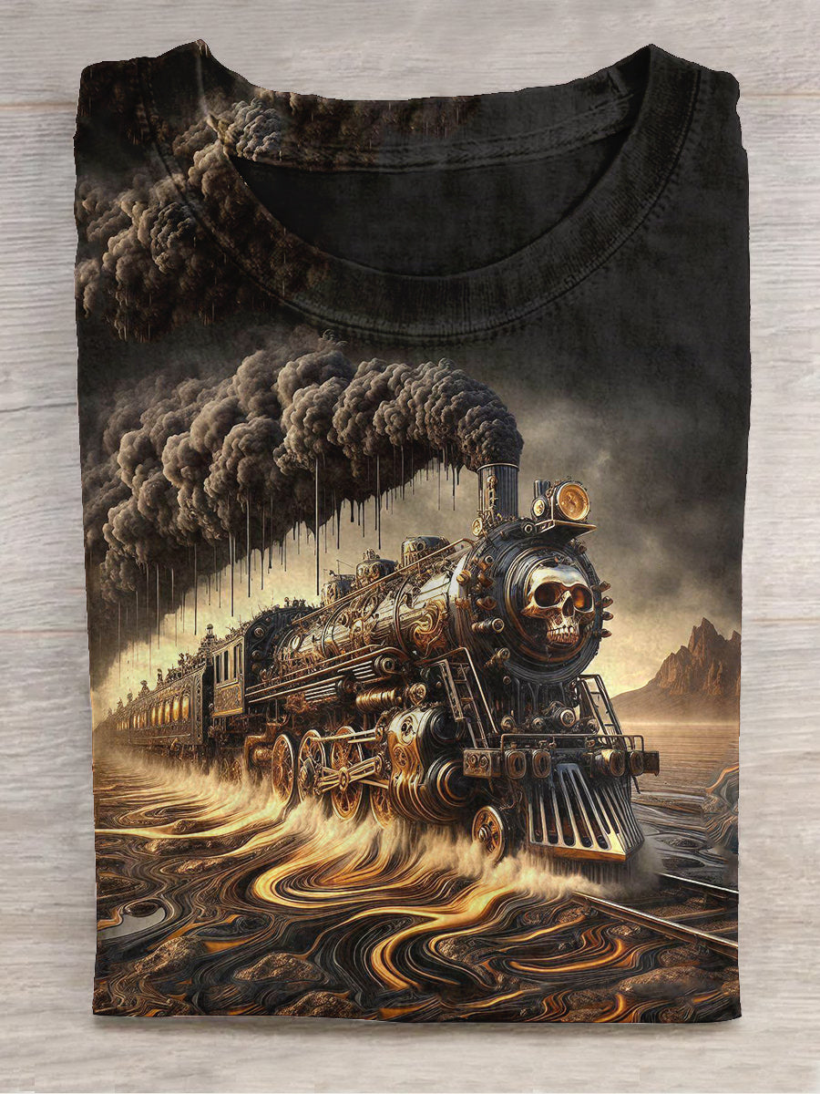 Horror Ghost Steam Train Art Print Unisex Round Neck Short Sleeve Casual T-Shirt